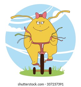 Yellow cute girl monster on a bike for invitation, background, banner, textile, poster, postcard, icon, birthday cards, print on shirt