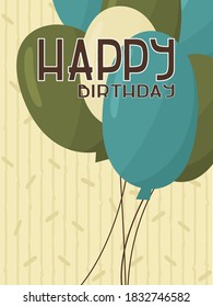 Yellow cute happy birthday card with blue, green balloons