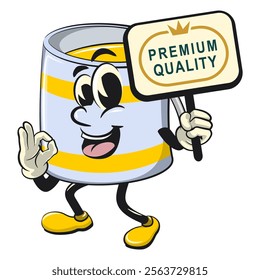 yellow cute isolated cartoon paint can character mascot carrying a sign board that says premium quality while giving an okay sign, work of hand drawn