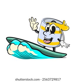 yellow cute isolated cartoon paint can character mascot surfing riding the waves, work of hand drawn