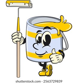 yellow cute isolated cartoon paint can character mascot holding a paint roller tool, work of hand drawn