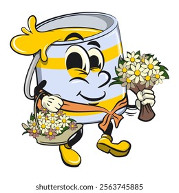 yellow cute isolated cartoon paint can character mascot as florist with desy flowers, work of hand drawn