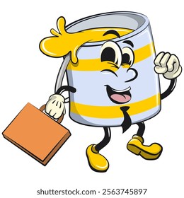 yellow cute isolated cartoon paint can character mascot wearing a tie and carrying a suitcase rushing to the office, work of hand drawn