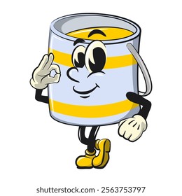 yellow cute isolated cartoon paint can character mascot greet by giving oke sign, work of hand drawn