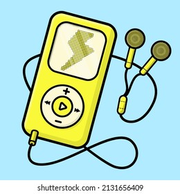 Yellow Cute Kawaii Music Player With Thunder Logo Cartoon Vector Illustration