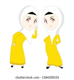 Yellow Cute Moslem Girl Islamic Cartoon Vector Illustration