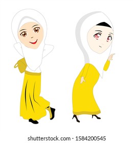 Yellow Cute Moslem Girl Islamic Cartoon Vector Illustration