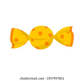Yellow cute packaged candy isolated on white background. Minimalistic tasty fruity candy for kids. Concept of all kinds of candy sweets for sweet tooth. Flat cartoon vector illustration
