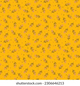 yellow cute pattern with little flowers and twigs. herbal pattern on a warm orange background.