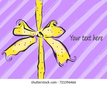 Yellow cute ribbon bow on striped purple background
