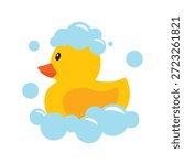 Yellow cute rubber duck toy in soap foam bubbles, isolated on white background. Bath toy for little kids, children cartoon style.