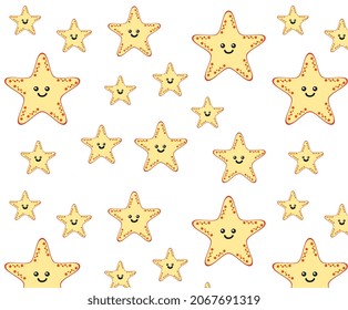 yellow cute smiling sea stars on the white background. abstract seamless pattern vector illustration