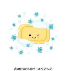 Yellow cute soap acting as a strong brave superhero faces a threatening green coronavirus character