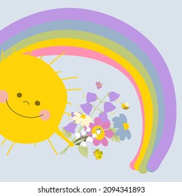 Yellow cute sun holding spring flowers. In the blue sky there is a bright multicolored rainbow. Butterflies and a bee are flying. Cartoon style vector illustration. Hand drawing. For print, web design