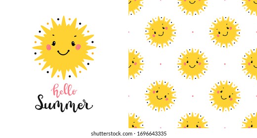 Yellow Cute Suns Vector Seamless Pattern and T-shirt Print Design for Kids  Fashion with Little Sun. Scandinavian Poster and wallpaper for Birthday, Baby Shower or Nursery Design