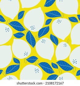 Yellow with cute white lemons and blue leaves seamless pattern background design.