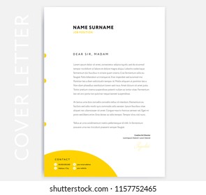 Yellow CV Cover Letter template design - curriculum vitae minimalist cover letter. Write a great cover letter with this stylish minimalist sample. Vector design with yellow circle background