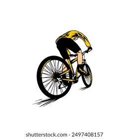 Ilustración vectorial de vista trasera amarilla del ciclista, paseo de la bici de la vista posterior