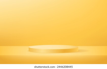 Yellow cylinder pedestal podium. Abstract studio room platform design. Empty room with light effect. stand for products.