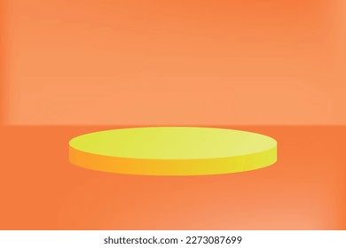 Yellow cylinder podium on an orange background for product display. Empty pedestal or showcase vector illustration.