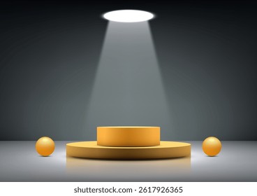 yellow cylindrical podium with matching spheres under spotlight lighting, set against a dark gray background. product mockups, modern presentations, and minimalist showcase concepts
