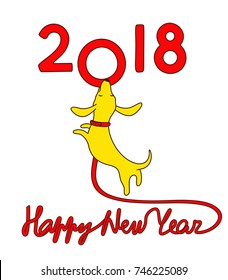 cachorro de perro amarillo con plomo de perro rojo en forma de letra Feliz año nuevo saltando y mordiendo símbolo cero de 2018. Ilustración vectorial, logotipo, icono