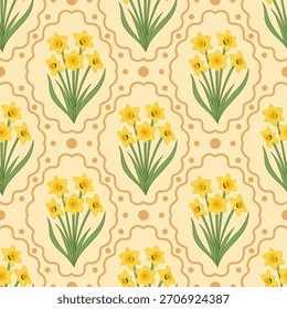 Bouquet amarelo daffodil sem costura padrão. Fundo de mola de flor amarela macia para impressão de decoração de casa, tecido, embrulho, saudação e scrapbook.