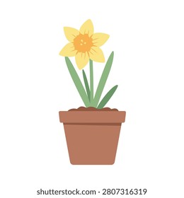 Yellow Daffodil Flower in Terracotta Pot Vector Illustration