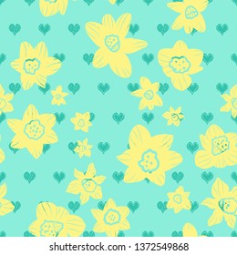 Yellow daffodil heads on blue stylized doodle heart background. Seamless vector pattern. Great for home decor, apparel, stationery