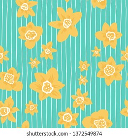 Yellow daffodil heads on irregular hand drawn striped background. Seamless vector pattern. Great for home decor, apparel, stationery