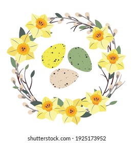 Yellow daffodil wreath, Easter eggs. Botanical illustration. Vector, white background.