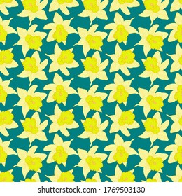 Yellow daffodils bloom on green background. Narcissus flowers wallpaper. Seamless floral pattern. Botanical illustration.