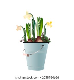 Yellow daffodils in a bucket. Element for the spring composition. A nice and simple spring card.