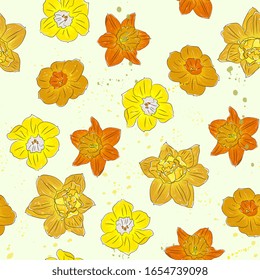 los daffodils amarillos son un patrón sin fisuras. Verano, fondo floral primaveral, dibujo a mano.
