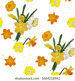 yellow daffodils flowers seamless pattern. Summer, spring floral background, hand-drawing.