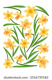 Yellow daffodils with green leaves in a spring floral poster in retro 60s style. Interior poster symbolizing spring, growth, and natural beauty in vector minimalistic style