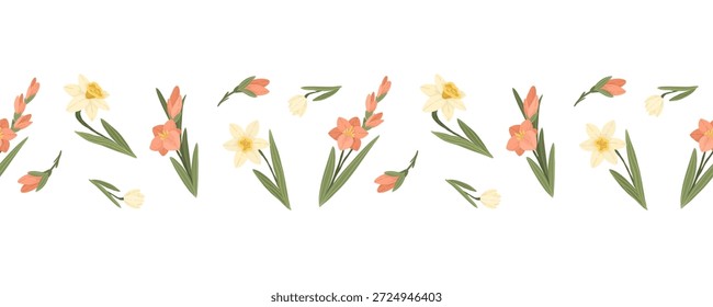 Narcisos amarillos y flores de primavera rosadas con hojas verdes, borde inconsútil del Vector floral botánico dibujado a mano en el fondo blanco