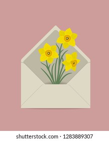 Yellow daffodils in the postal envelope. Spring flowers. Flower delivery concept. Floral composition. Vector illustration on a pink background