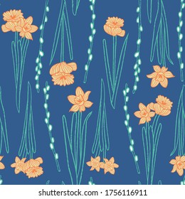 Yellow daffodils seamless pattern blue background 
