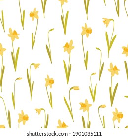 Yellow daffodils seamless pattern on white background. Beautiful spring flowers. Use for textile, postcards,wallpaper, wrapping paper. Vector illustration in flat style. svg