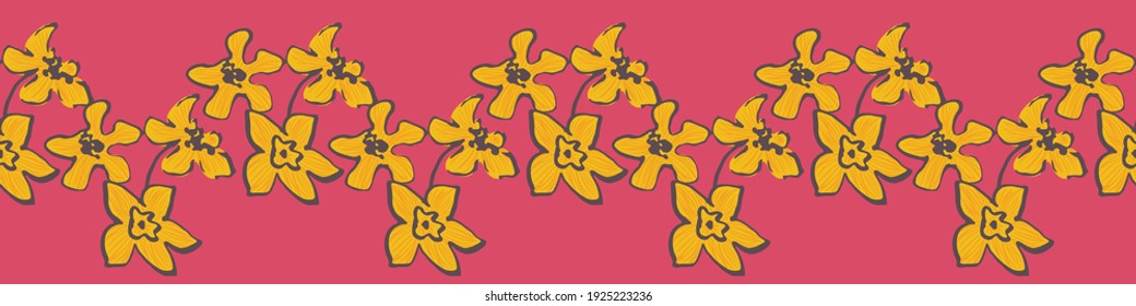 Yellow daffodils seamless vector border print on pink. Feminine surface print design for fabrics, stationery, scrapbook paper, gift wrap, textiles, backgrounds, and packaging.