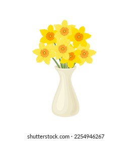 Yellow daffodils in a white vase isolated. Vector cartoon illustration of beautiful spring flowers. svg