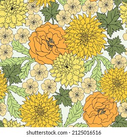 Yellow dahlia flowers, green leaves, white background. Retro floral illustration. Vector seamless pattern. Botanical design. Nature summer plants. Vintage fabric inspiration