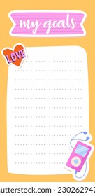 Yellow daily planner. Goal setting and motivation, time management and effective workflow organization. Sheet of paper with player and inscription my goals. Cartoon flat vector illustration