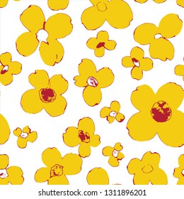 las mareas amarillas y el círculo rojo son un patrón vectorial sin fisuras en un fondo blanco. Daisy de estilo blanco. Pequeñas flores sin costura. - Vector