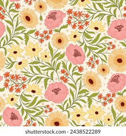 Yellow daisies with swirly vines seamless allover vector pattern for fashion and accessories