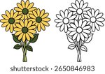 Yellow daisy flowers and outline version bouquet illustration on white background floral design