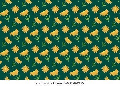 Gelbe Daisy Blumen Nahtloses Muster. Vektorgrüner Hintergrund. Kamille mit orangefarbenen Petalen
