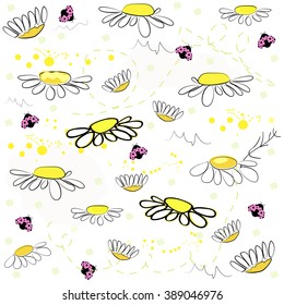 Yellow daisy and lady bird. Spring flowers vector pattern background