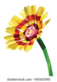 Yellow daisy with red strip and pink pollen, low polygon flora design isolated on white